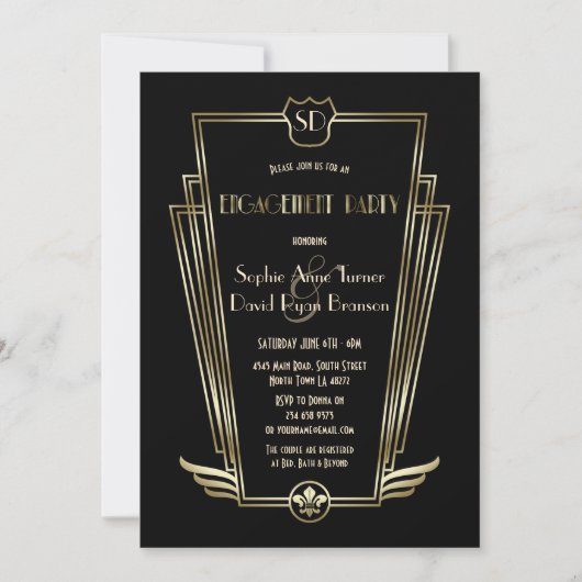 Royal Gold Art Deco Monogram Engagement Party Einladung (Vorderseite)