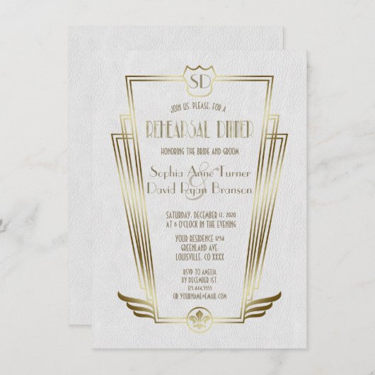 Royal Gold Art Deco Monogram Probe Dinner Einladung (Vorne/Hinten)