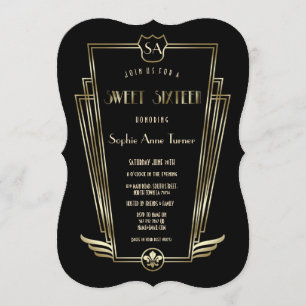 Royal Gold Art Deco Monogram SWEET 16 Einladung