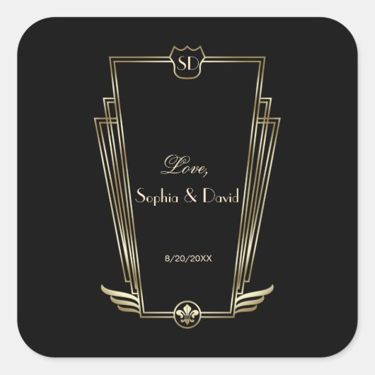 Royal Gold Art Deco Monogram Wedding Quadratischer Aufkleber (Vorderseite)