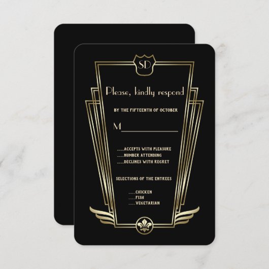 Royal Gold Art Deco Monogram Wedding RSVP (Vorne/Hinten)
