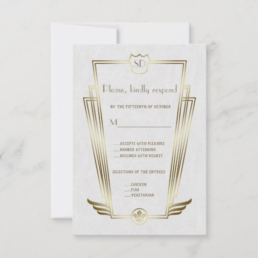 Royal Gold Art Deco Monogram White Wedding RSVP Karte (Vorderseite)
