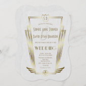 Royal Gold Art Deco Monogram White Wedite Einladun Einladung (Vorne/Hinten)