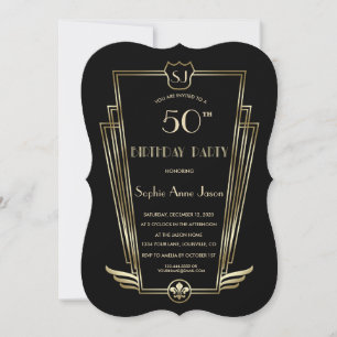 Royal Gold Black Art Deco Monogram Geburtstagsfeie Einladung