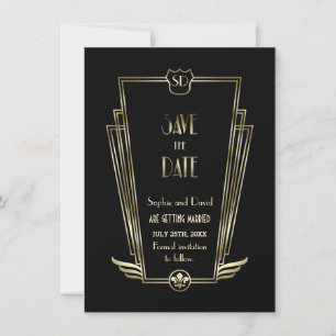 Royal Gold Black Art Deco Monogram Hochzeitseinlad Einladung