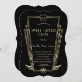 Royal Gold Black Art Deco Monogram Sweet 16 Einlad Einladung (Vorne/Hinten)