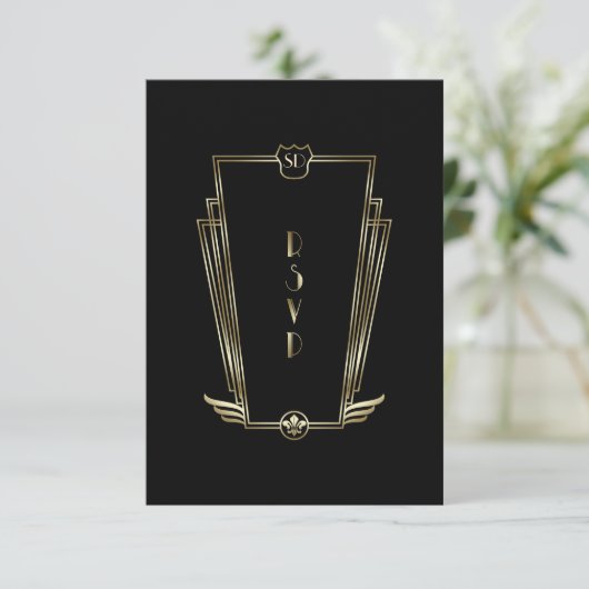 Royal Gold Black Art Deco Monogram Wedding RSVP (Stehend Vorderseite)