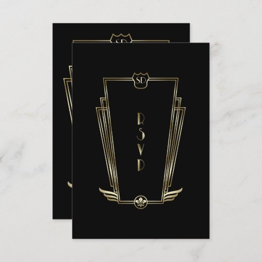 Royal Gold Black Art Deco Monogram Wedding RSVP (Vorne/Hinten)