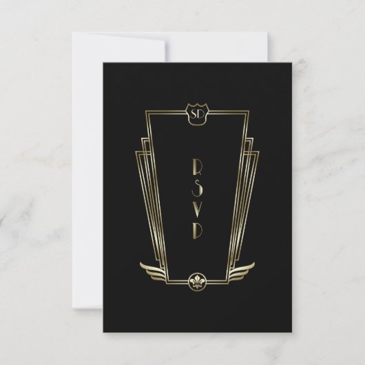Royal Gold Black Art Deco Monogram Wedding RSVP Karte (Vorderseite)