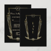 Royal Gold Black Art Deco Monogram Wedding RSVP Karte (Vorne/Hinten)