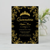 Royal Gold Black Crown Floral Quinceanera Folieneinladung (Stehend vorne)