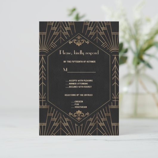 Royal Gold Black Great Gatsby 1920s Wedding RSVP (Stehend Vorderseite)