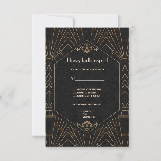 Royal Gold Black Great Gatsby 1920s Wedding RSVP Karte (Vorderseite)