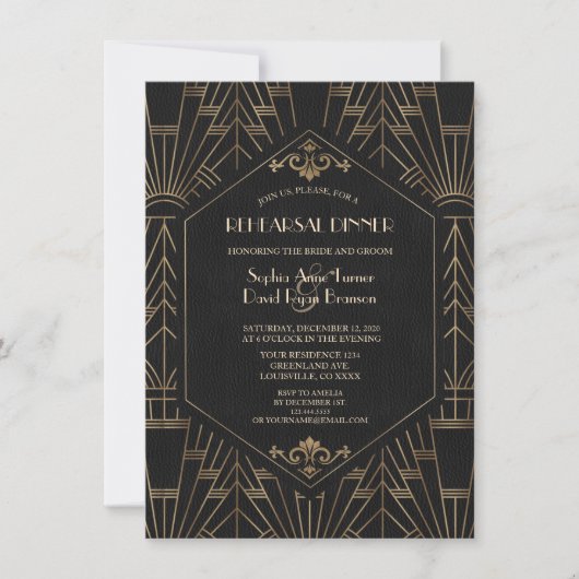 Royal Gold Black Great Gatsby 20 Probe Dinner Einladung (Vorderseite)