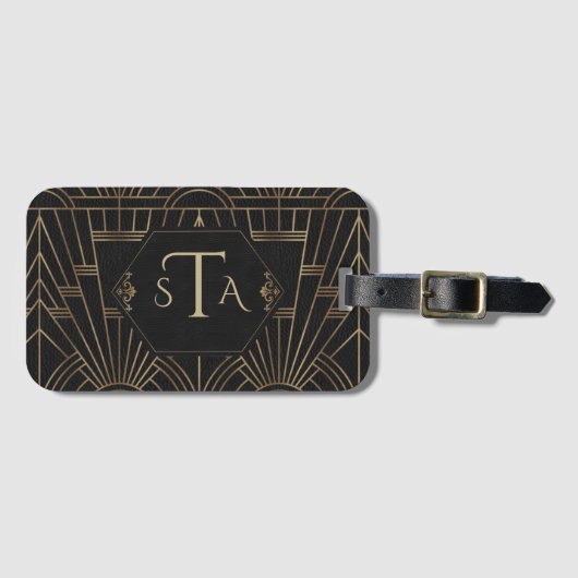 Royal Gold Black Great Gatsby 20s Monogram Gepäckanhänger (Vorderseite (Horizontal))