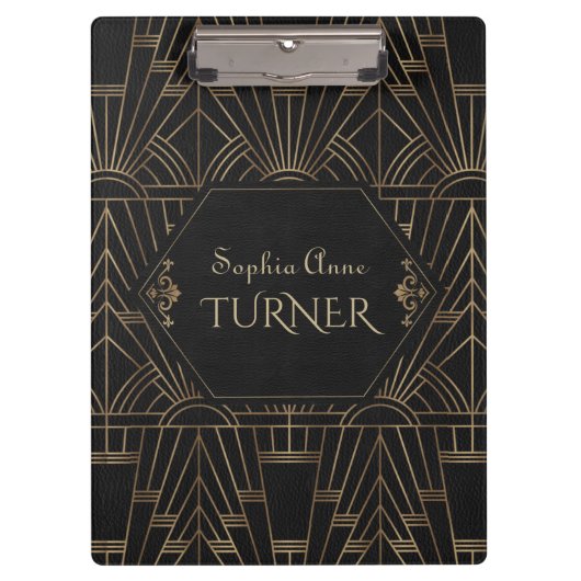 Royal Gold Black Great Gatsby 20s Style Monogram Klemmbrett (Vorderseite)