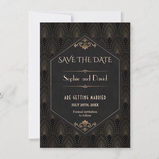 Royal Gold Black Great Gatsby Art Deco Hochzeit Einladung (Vorderseite)