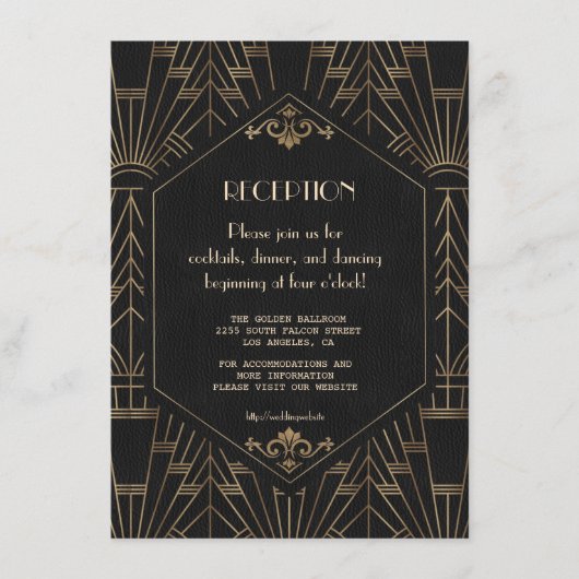 Royal Gold Black Great Gatsby Hochzeitsempfang Begleitkarte (Vorderseite)