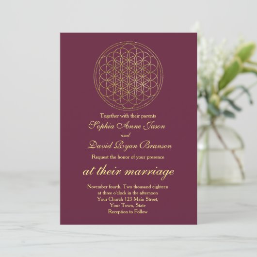 Royal Gold Blume of Life Sacred Geometry Wedding Einladung (Stehend Vorderseite)