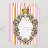 Royal Gold Crown Pink Strip Party RSVP Card Einladung (Vorne/Hinten)