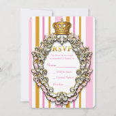 Royal Gold Crown Pink Strip Party RSVP Card Einladung (Vorderseite)