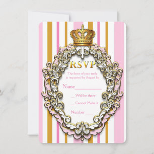 Royal Gold Crown Pink Strip Party RSVP Card Einladung