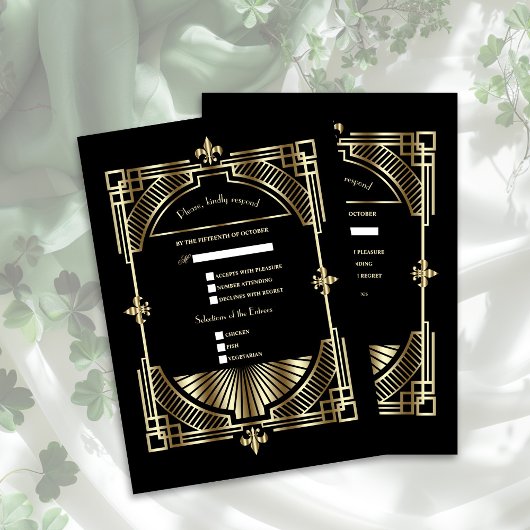 Royal Gold Fleur-de-lis Great Gatsby Wedding RSVP Karte