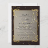 Royal Gold Frame Florales & Black Marbled Wedding Einladung (Vorderseite)