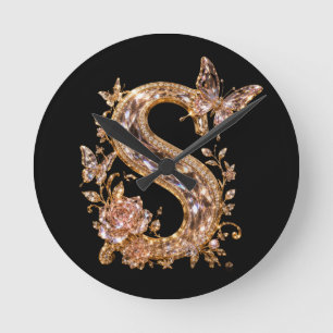 Royal Gold Kristall Buchstabe S Luxus Monogramm Runde Wanduhr