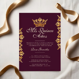 Royal Gold Leaf Crown Elegant Burgundy Quinceañera Einladung