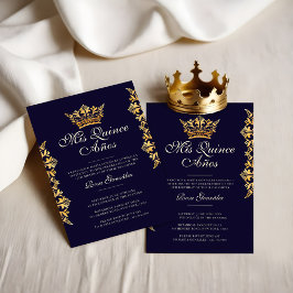 Royal Gold Leaf Crown Elegant Navy Quinceañera Einladung