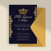 Royal Gold Leaf Crown Elegant Navy Quinceañera Einladung