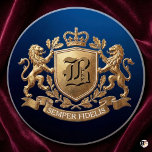 Royal Gold Lion Coat of Arms Semper Fidelis Getränkeuntersetzer<br><div class="desc">Elevate your home decor with this Royal Gold Lion Coat of Arms Coaster. Featuring regal golden lions supporting a crowned shield with a 'B' monogram, and the Latin motto 'SEMPER FIDELIS' on a banner below, this heraldic design on a deep blue background exudes vintage luxury. Perfect for barware or as...</div>