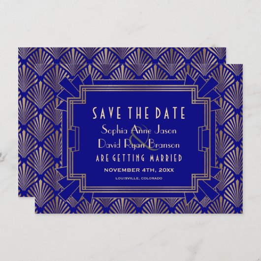 Royal Gold Navy Blue Great Gatsby 20s Wedding Save The Date (Vorne/Hinten)
