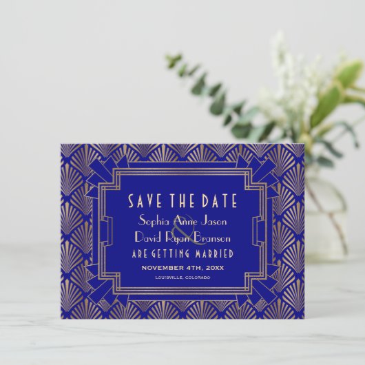 Royal Gold Navy Blue Great Gatsby 20s Wedding Save The Date (Stehend Vorderseite)