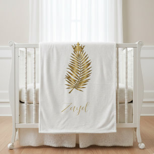 Royal Gold Palmwedel & Krone Babydecke - Fleecedecke