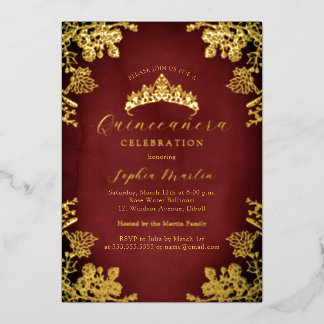 Royal Gold Red Vintag Floral Quinceanera Folieneinladung