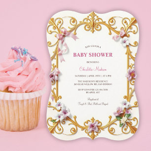 Royal Gold Rokoko Pink Floral Girl Babydusche Einladung