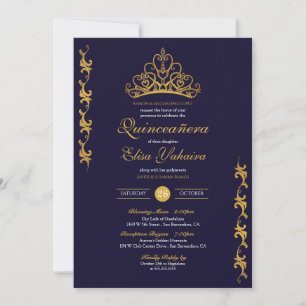 Royal Gold Tiara Crown Elegant Navy Quinceañera Einladung