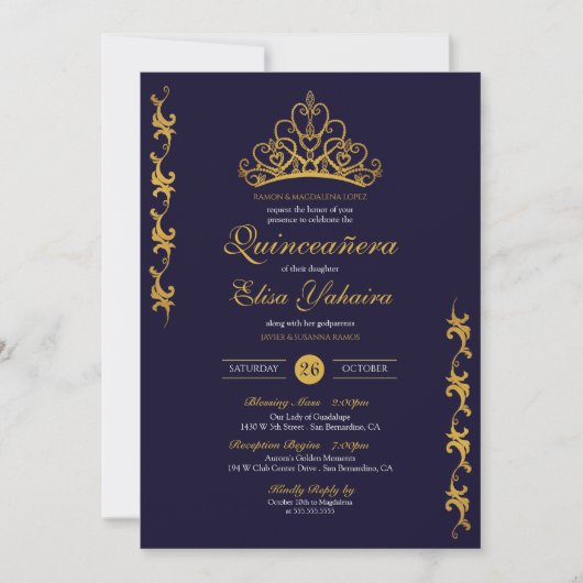 Royal Gold Tiara Crown Elegant Navy Quinceañera Einladung (Vorderseite)