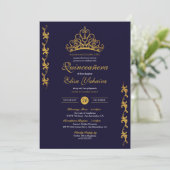 Royal Gold Tiara Crown Elegant Navy Quinceañera Einladung (Stehend Vorderseite)