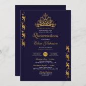 Royal Gold Tiara Crown Elegant Navy Quinceañera Einladung (Vorne/Hinten)