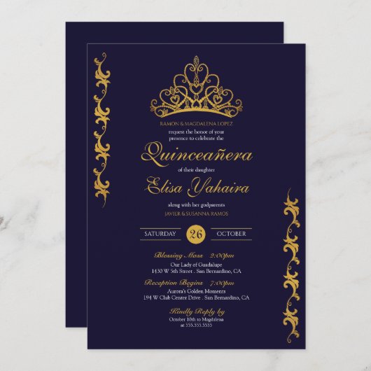 Royal Gold Tiara Crown Elegant Navy Quinceañera Einladung (Vorne/Hinten)