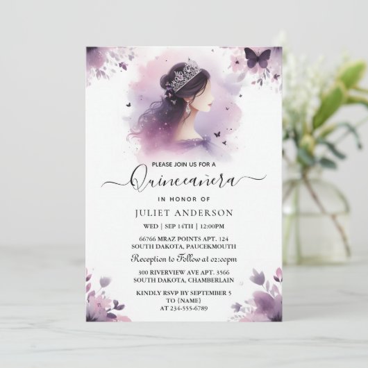 Royal Gold Tiara Lilac Light Lila Quinceanera Einladung (Stehend Vorderseite)