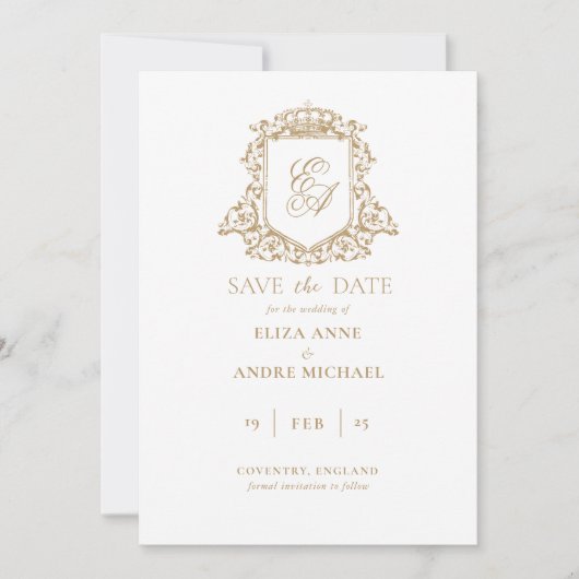 Royal Gold und White Monogram Wappen Save the Date (Vorderseite)
