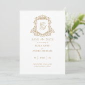 Royal Gold und White Monogram Wappen Save the Date (Stehend Vorderseite)