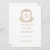 Royal Gold und White Monogram Wappen Save the Date (Vorne/Hinten)