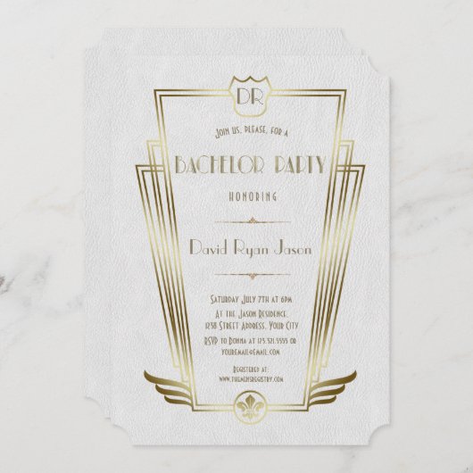Royal Gold White Art Deco Monogram Bachelor Party Einladung (Vorne/Hinten)