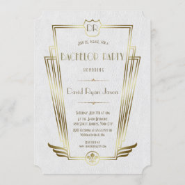 Royal Gold White Art Deco Monogram Bachelor Party Einladung