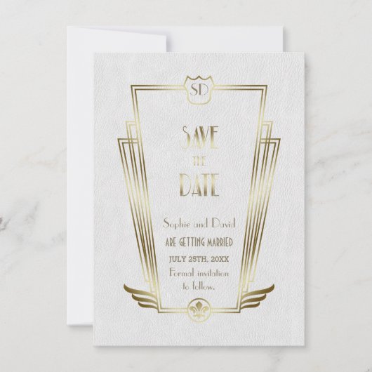 Royal Gold White Art Deco Monogram Save the Date (Vorderseite)